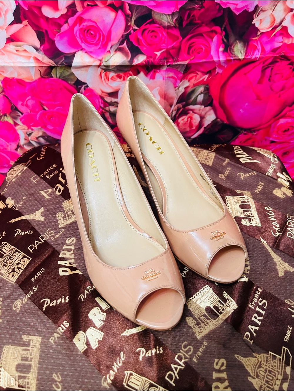 COACH Blush Pink Patent Peep-Toe Pumps